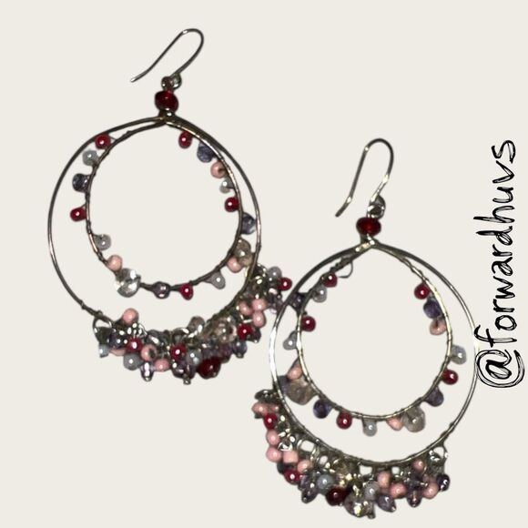 Bundle Sale 3 for $15 | Hand Crafted Double Hoop Earrings – Red & Pink Beads - Picture 1 of 6